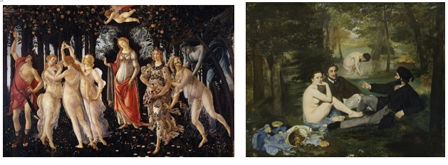 波提切利：春1470s-1480s； 马奈：草地上的午餐1862–1863</p><p>上面左图是波提切利的《春》，右图是马奈的《草地上的午餐》。卢梭说过：古希腊人看树不是树，看到的是宁芙-林仙（dryads）（Rousseau, 2017）；瓦尔堡说宁芙在现代的表现就是马奈画中的妓女（Warburg, 1999; Warburg, A.; Frankfort, H.; & Wedepohl, C. 2014）。