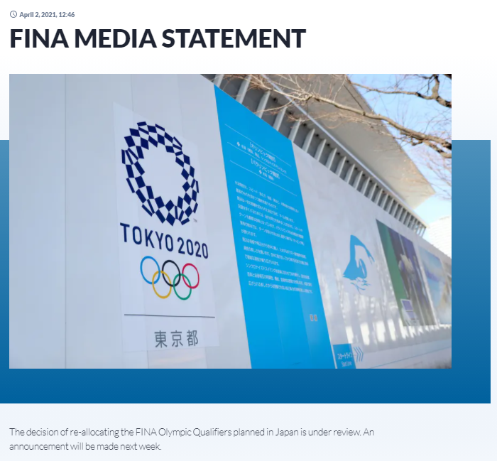 东京奥组委已向国际泳联抗议跳水和花样游泳测试赛有望继续举行