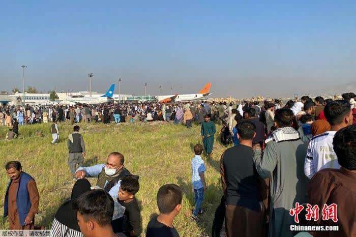 当地时间2021年8月16日，等待撤离的人群聚集在阿富汗机场。当日，大量人群拥挤在首都喀布尔的机场，试图离开阿富汗。据俄罗斯卫星通讯社报道，美军当天曾在喀布尔机场朝部分阿富汗人开枪，造成至少3人死亡。
