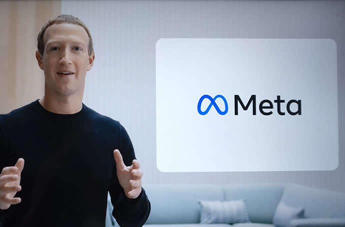 当地时间2021年10月28日，美国加州门洛帕克，Meta公司提供的照片显示Facebook首席执行官马克·扎克伯格在Facebook Connect大会上宣布，Facebook将更名为“Meta”，来源于“元宇宙”（Metaverse）。IC 图